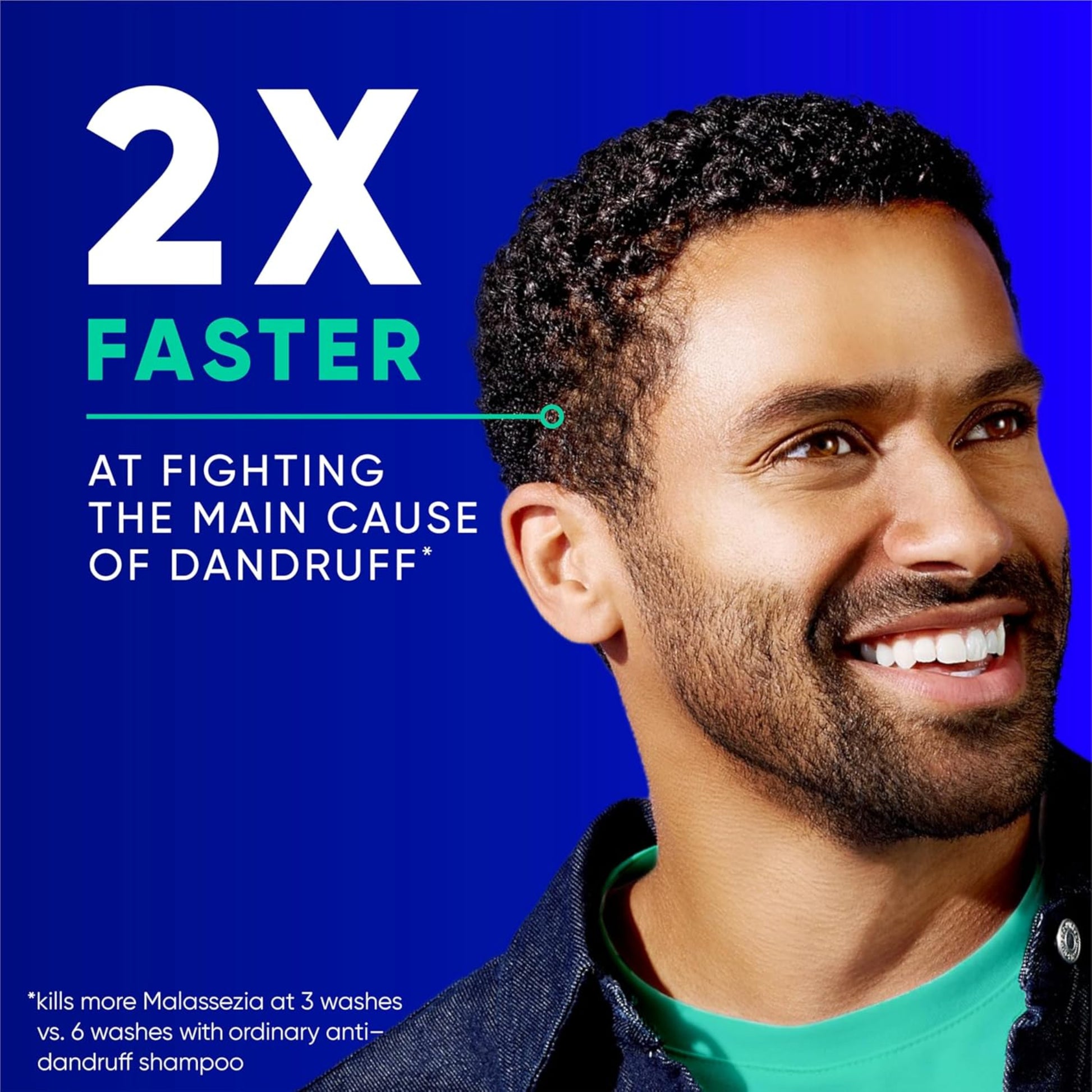 Man with dandruff on a blue background with text about dandruff shampoo effectiveness