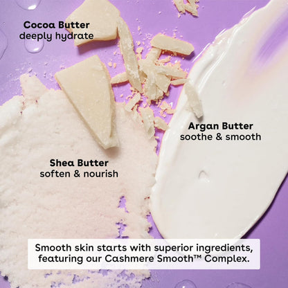 Butter pieces with text on a purple background, featuring Cocoa Butter, Shea Butter, and Argan Butter.