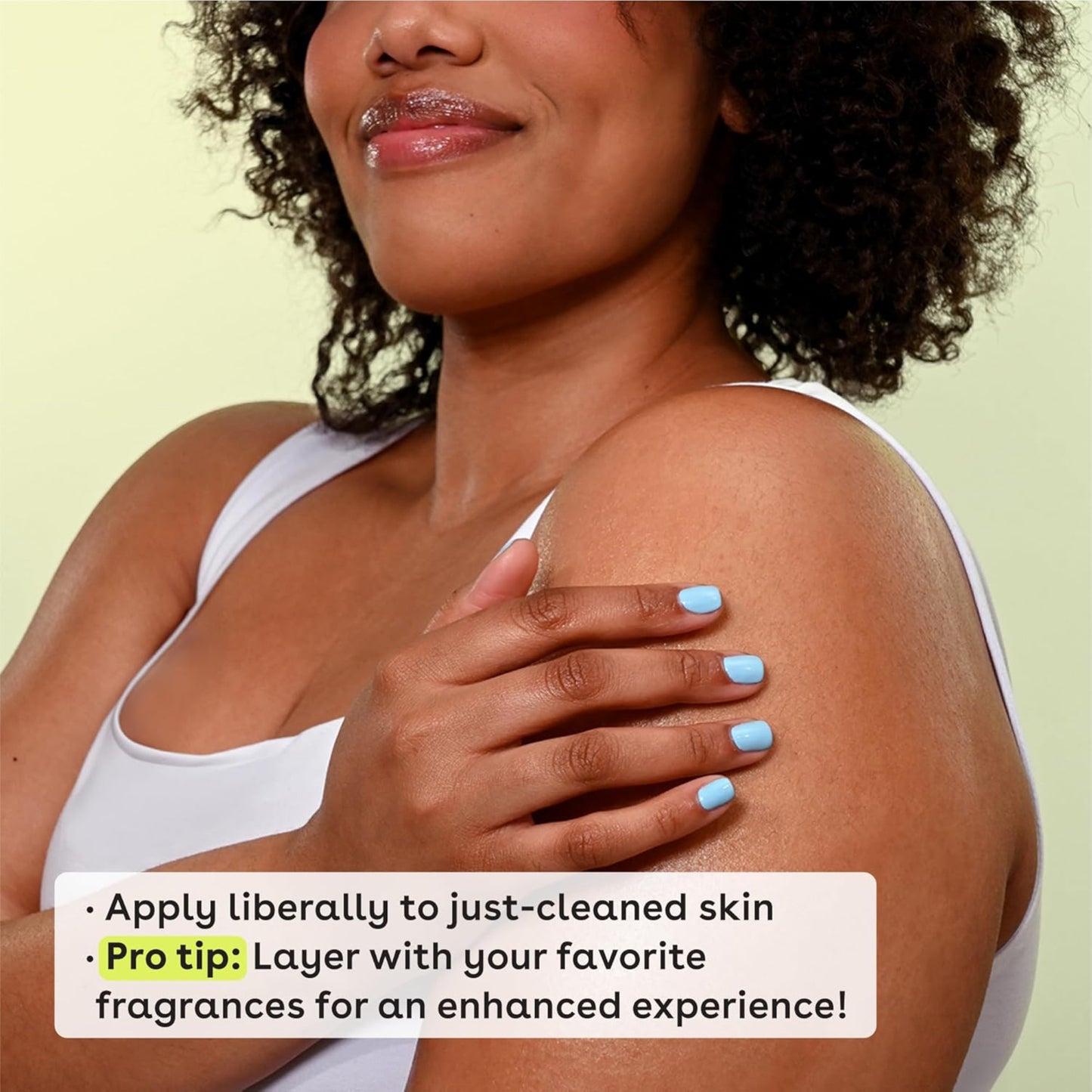 Woman applying a product to her shoulder with text overlay on a light green background