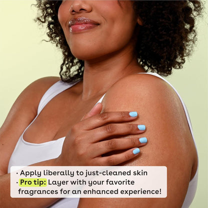 Woman applying a product to her shoulder with text overlay on a light green background
