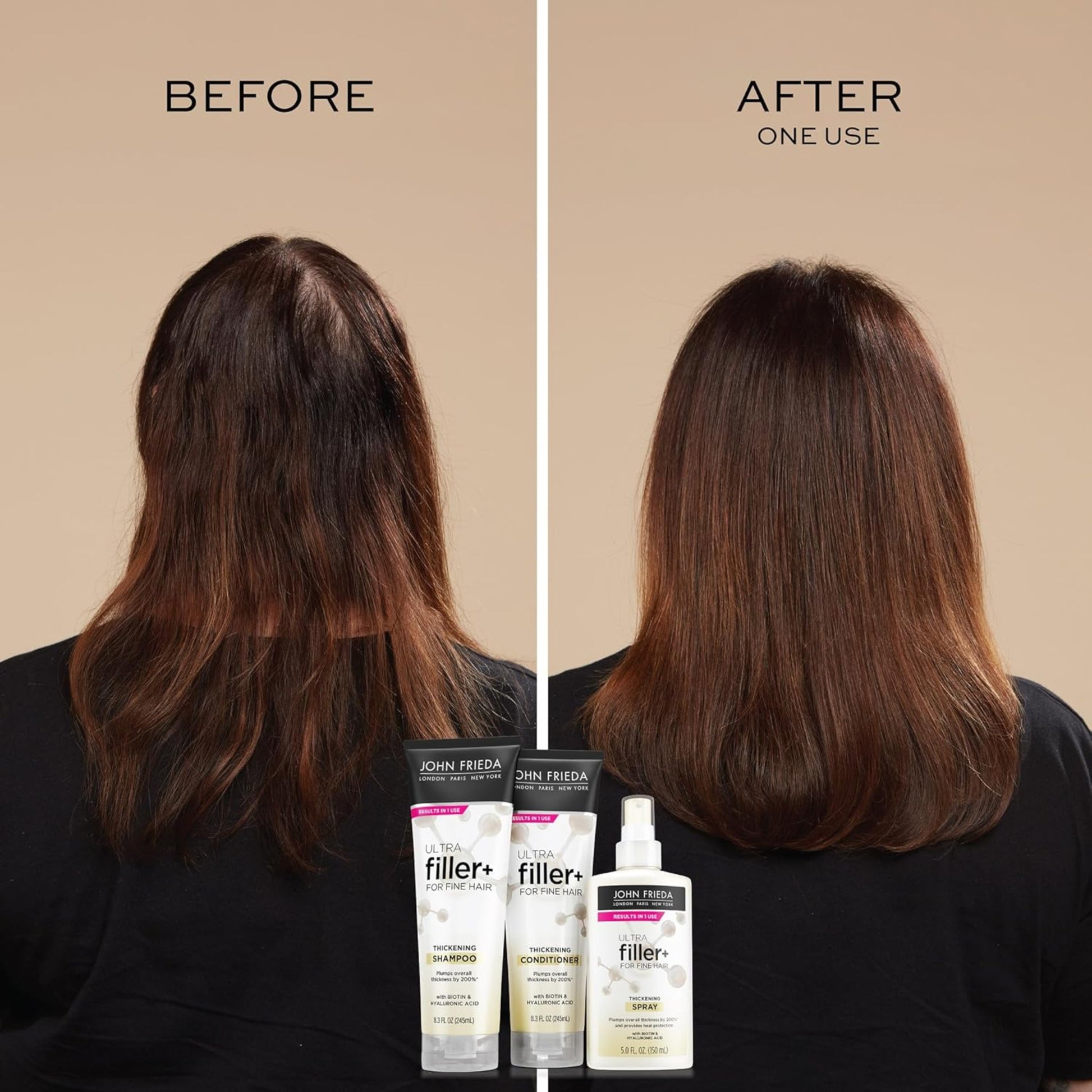 Before and after comparison of hair treatment with John Frieda products.