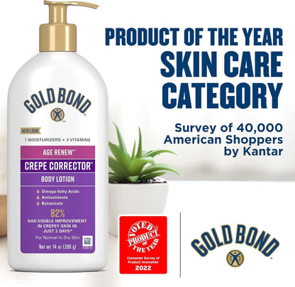 Gold Bond Crepe Corrector body lotion with product of the year text and branding elements.