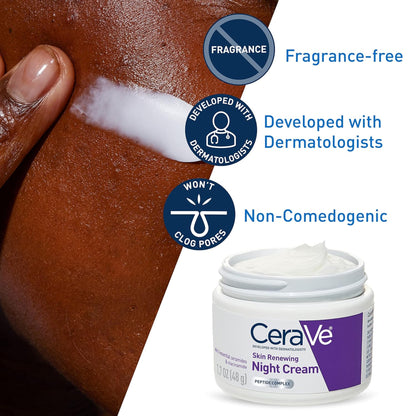 CeraVe night cream jar with skin application and product features on a brown background