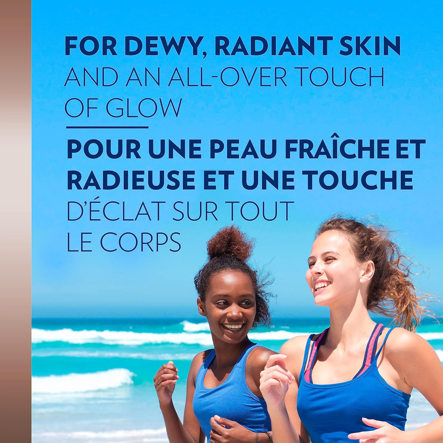 Two women running on a beach with promotional text about skin care.