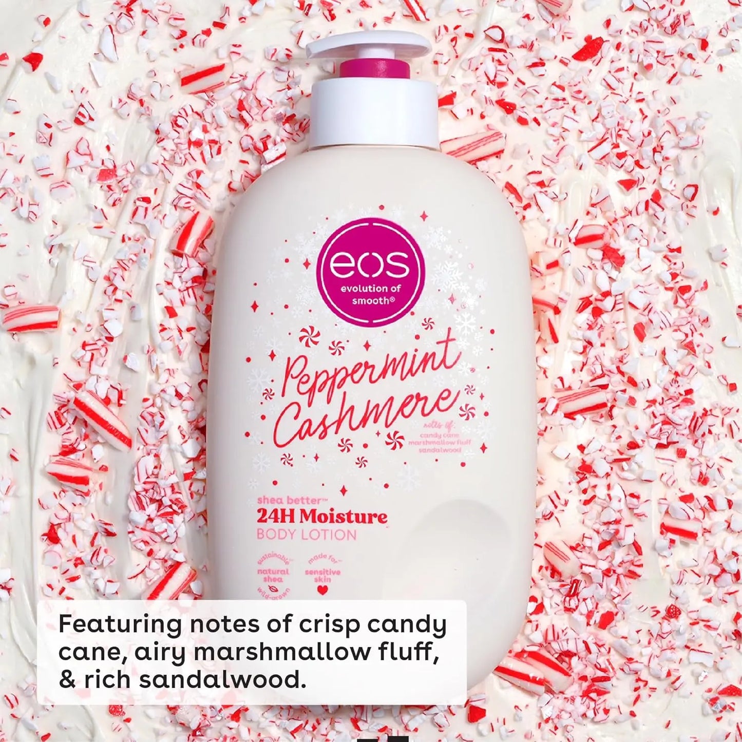EOS Peppermint Cashmere body lotion surrounded by candy canes on a white background