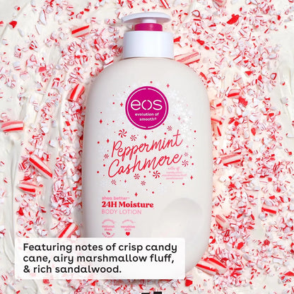 EOS Peppermint Cashmere body lotion surrounded by candy canes on a white background
