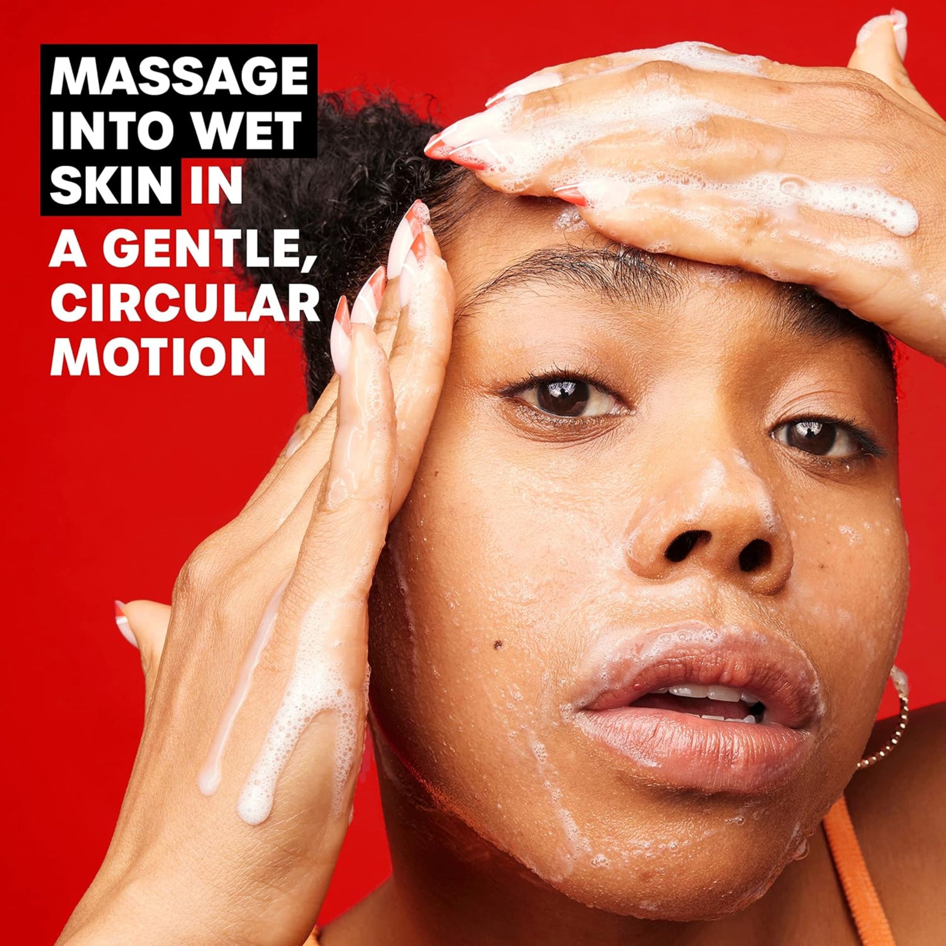 Person applying soap to their face with text on a red background
