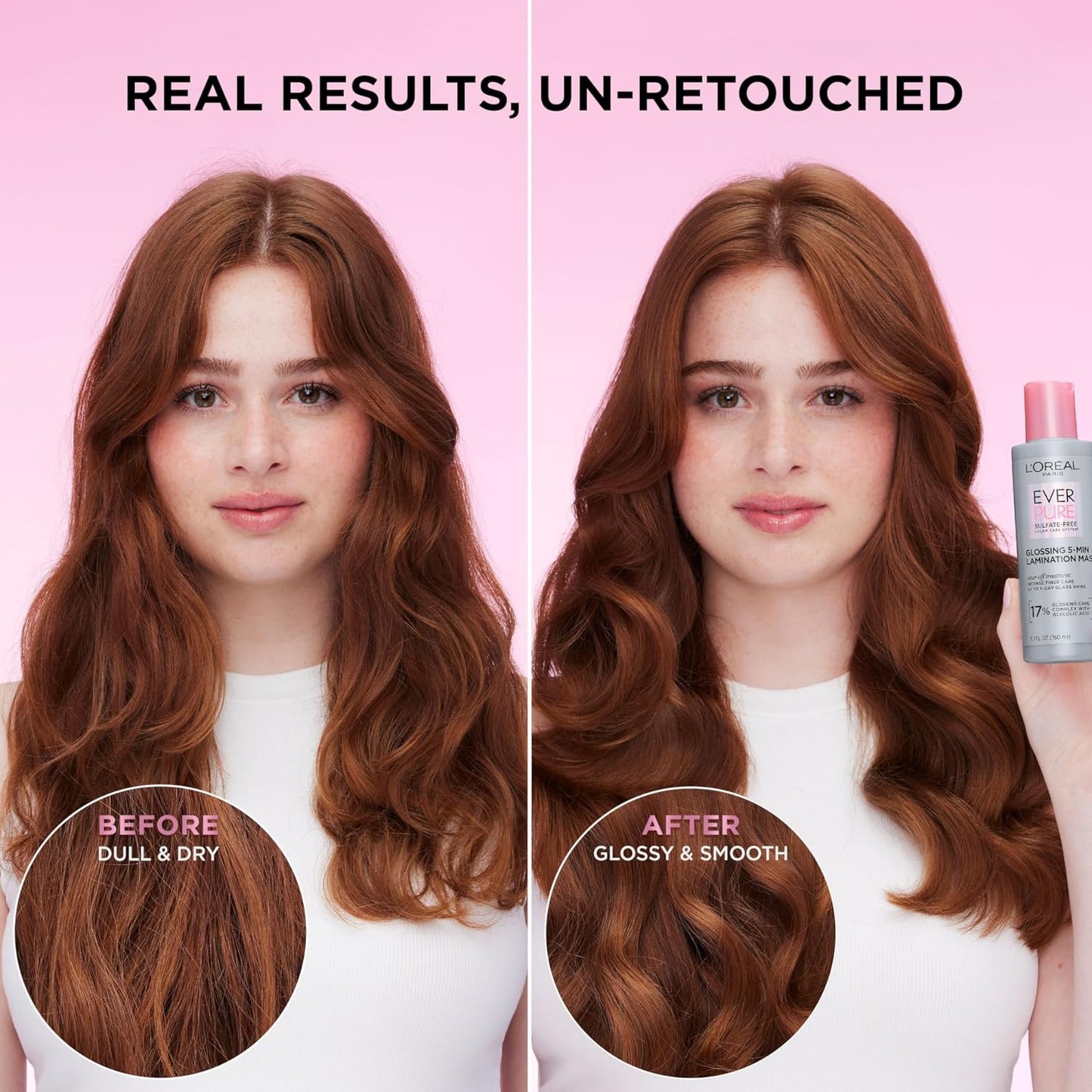 Before and after comparison of hair treatment with L'Oreal product on pink background