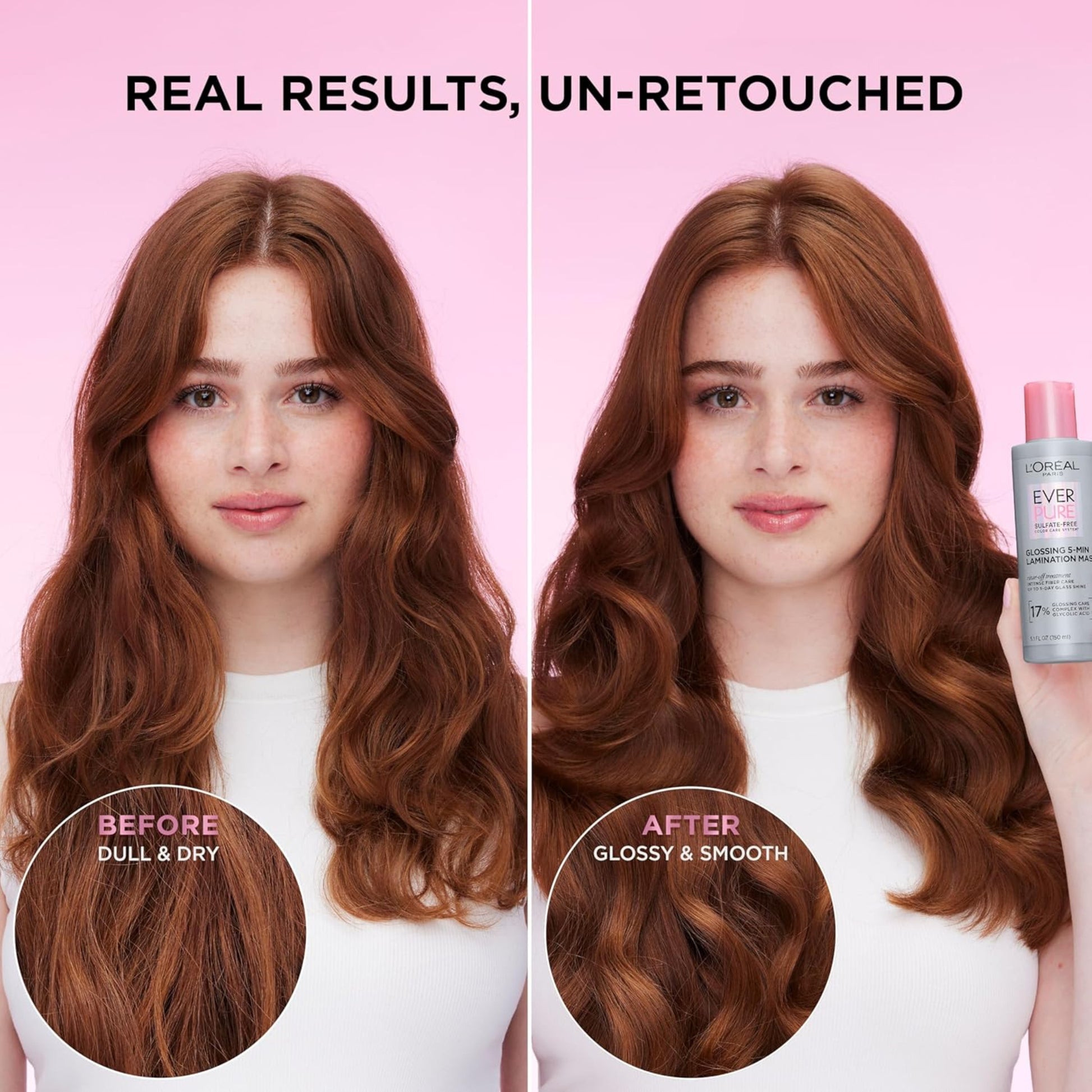 Before and after comparison of hair treatment with L'Oreal product on pink background