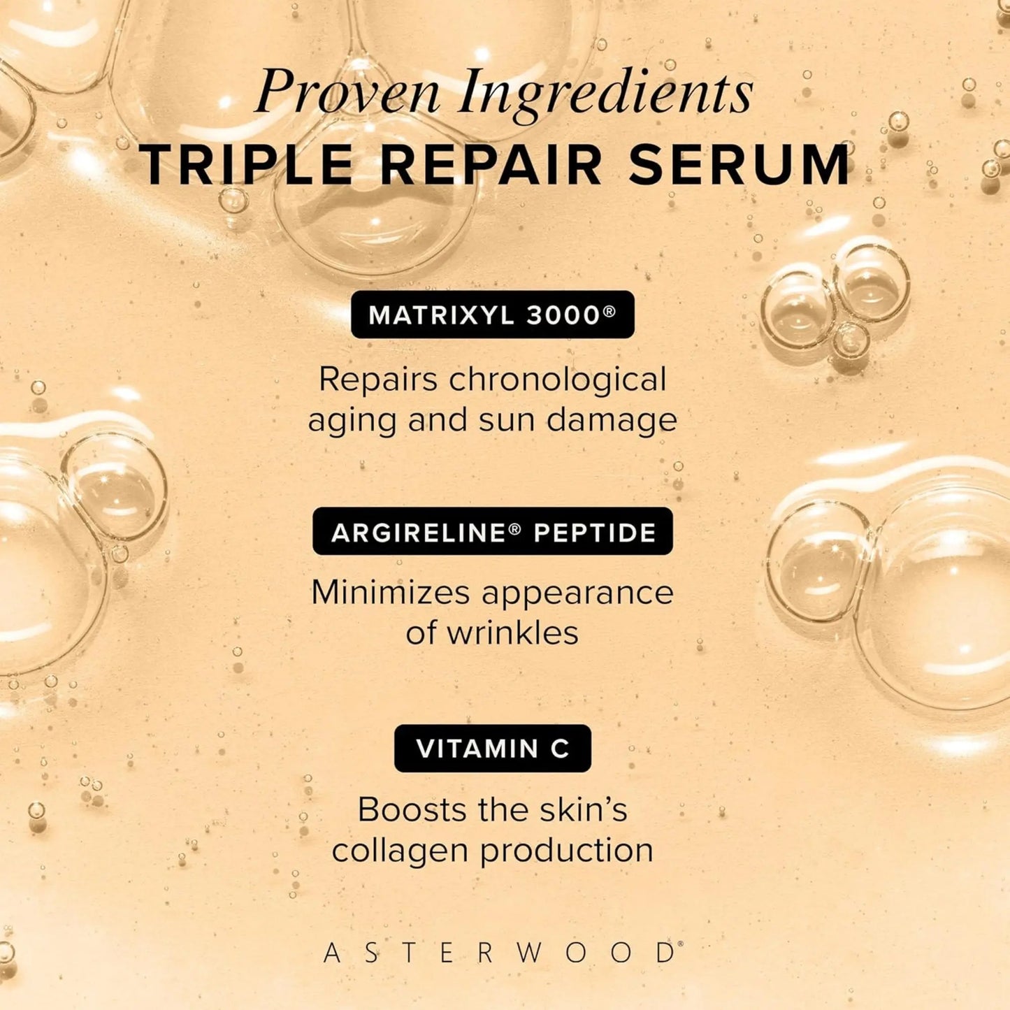 Triple Repair Serum advertisement with ingredients on a beige background