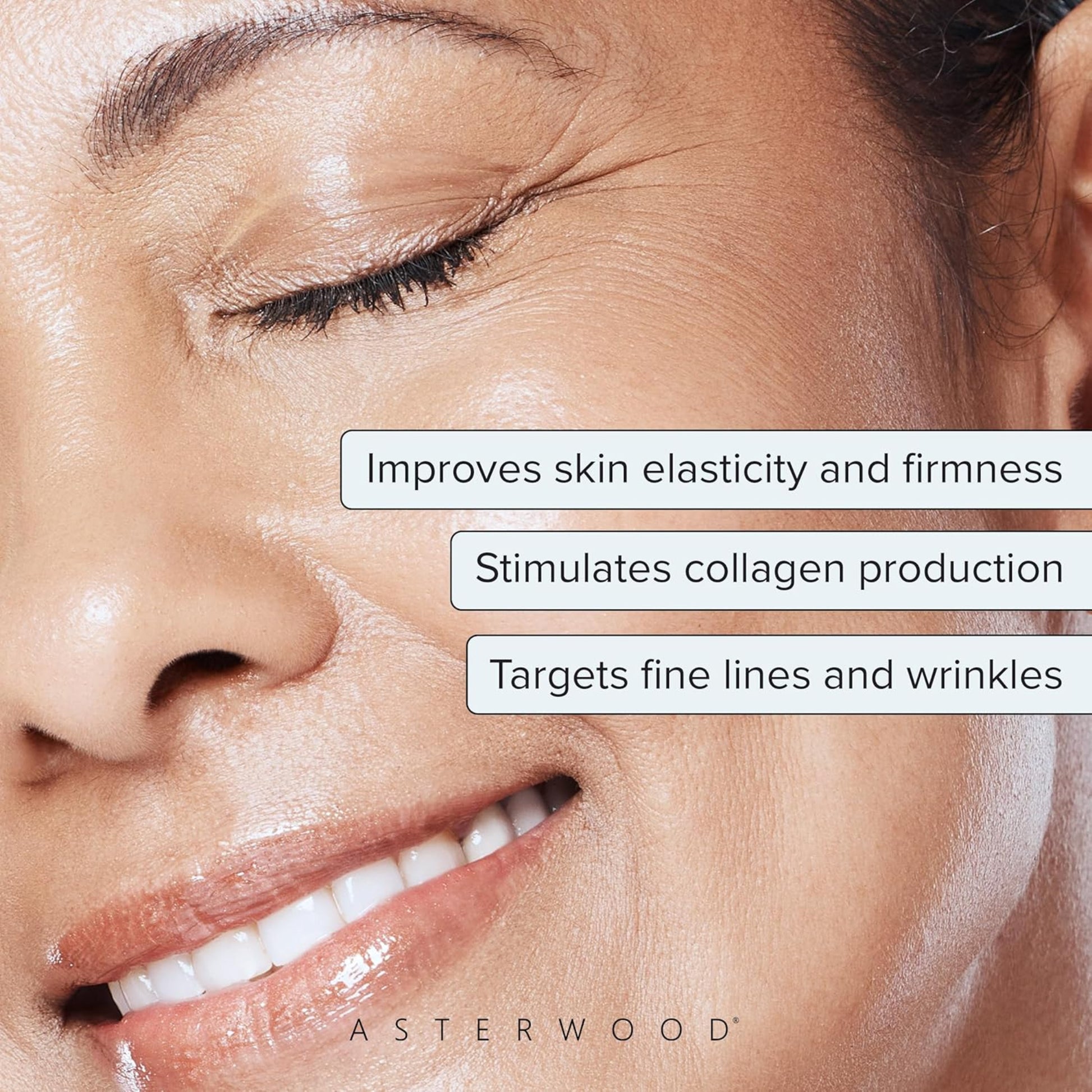 Close-up of a woman's face with text highlighting skincare benefits, featuring the brand 'Asterwood'.