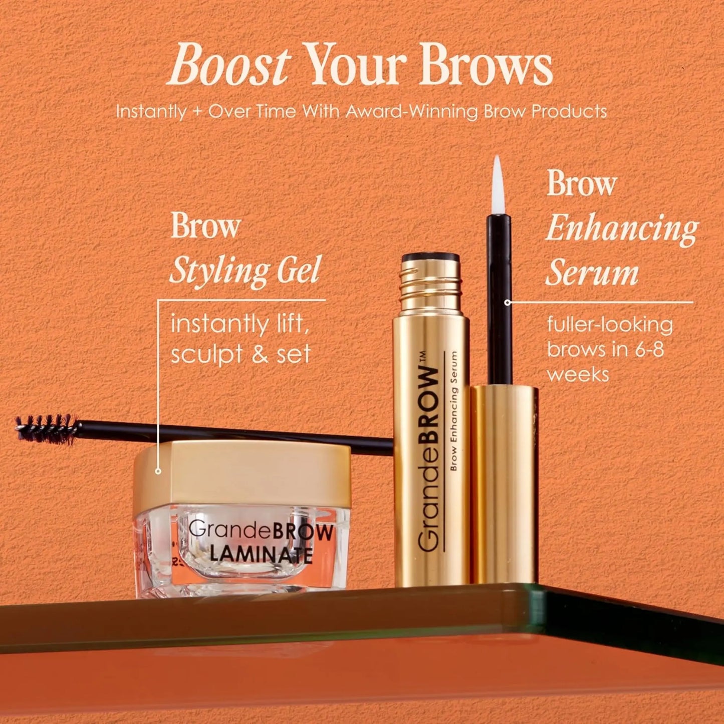 GrandeBROW eyebrow care products on an orange background with text about brow enhancing.
