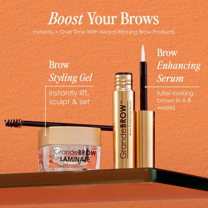 GrandeBROW eyebrow care products on an orange background with text about brow enhancing.