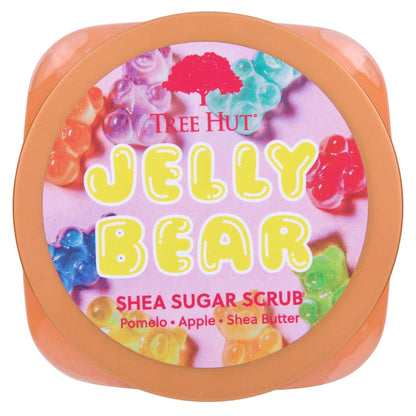 Shea sugar scrub container with colorful jelly bear design on a white background