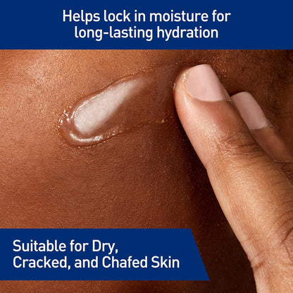 Hand applying cream to dry skin with text about moisture locking and suitability for dry skin.