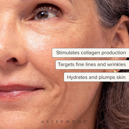 Close-up of a woman's face with text highlighting skincare benefits, featuring the brand 'Asterwood'.