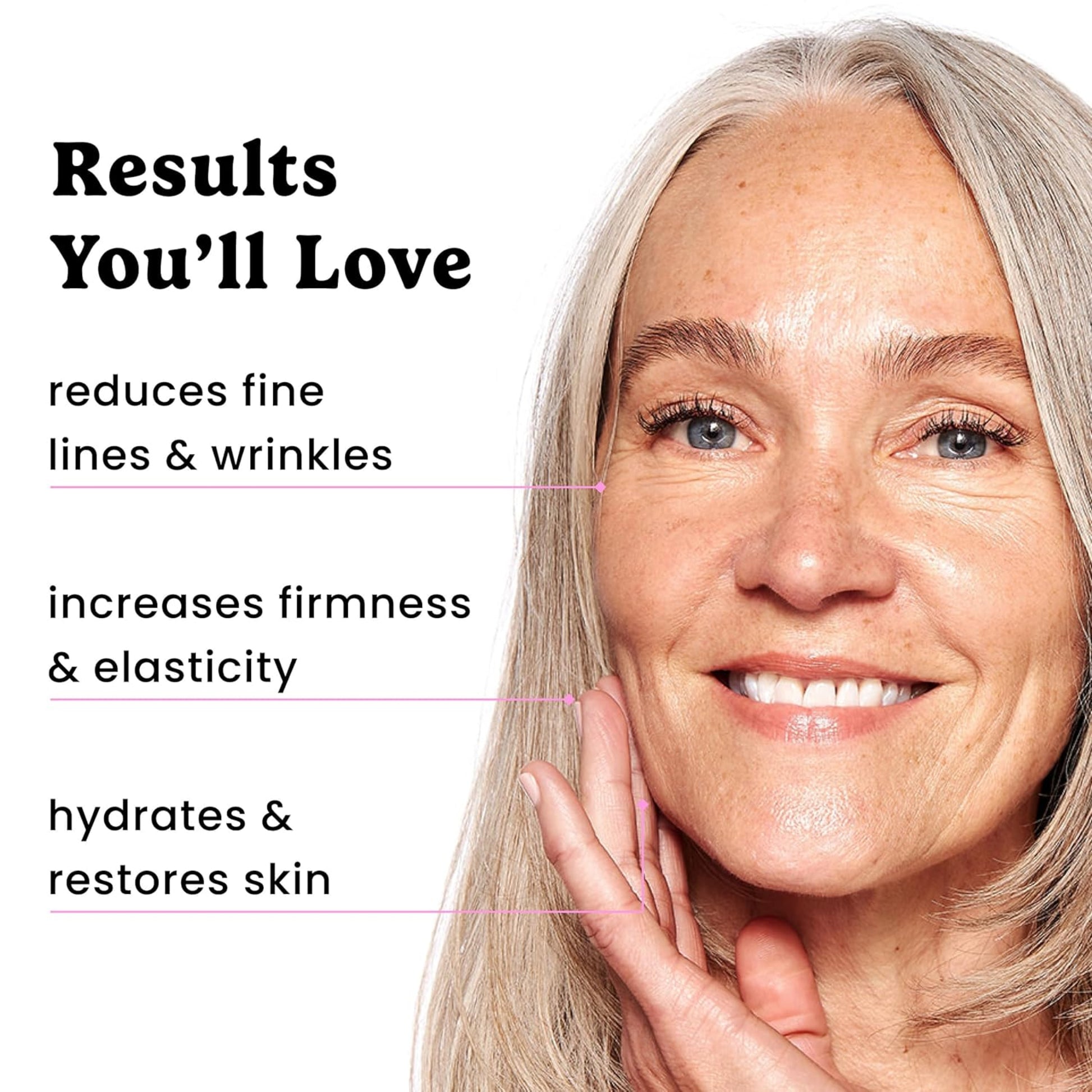 Woman with smooth skin showing results of a skincare product on a white background
