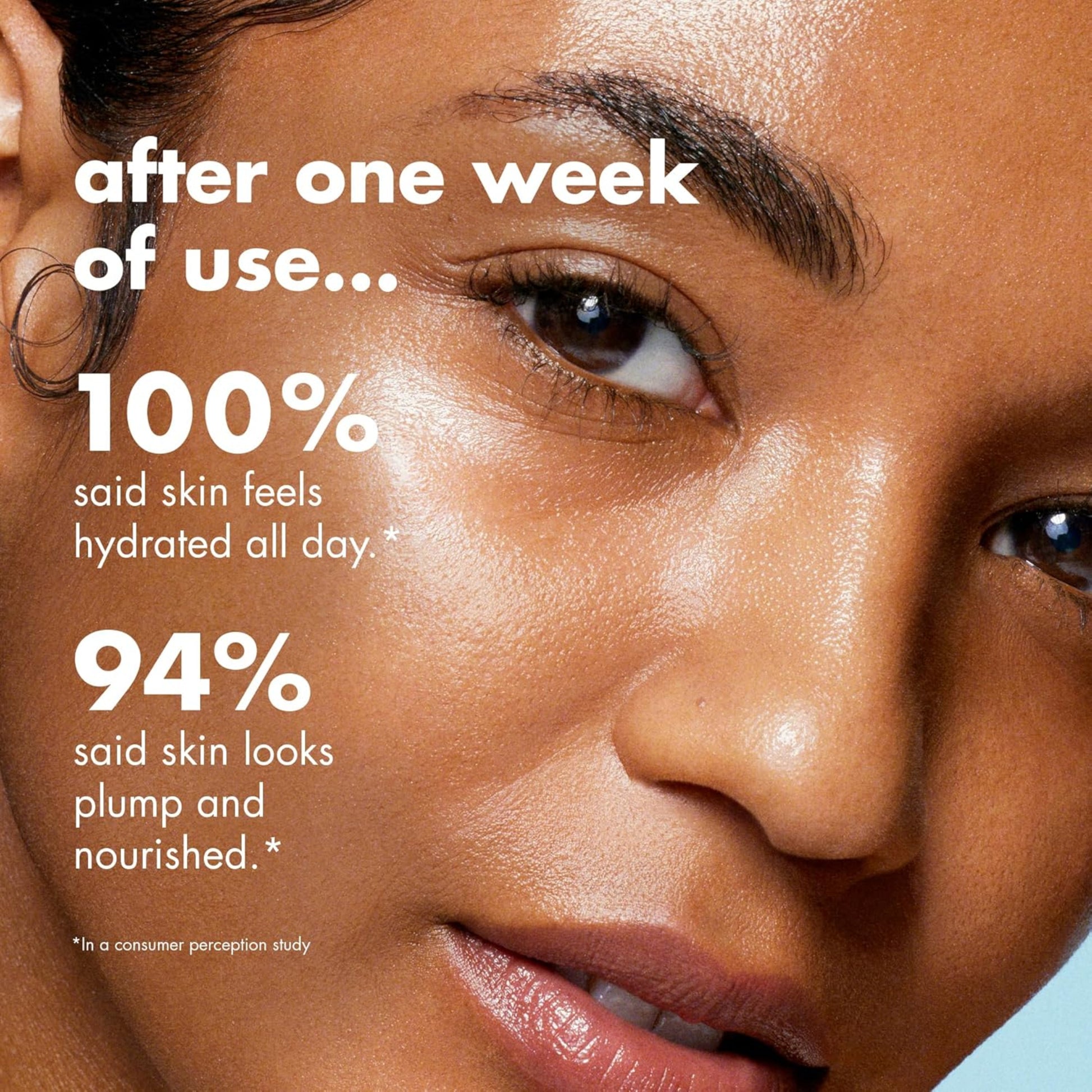 Close-up of a woman's face with skincare product application, showing hydration and nourishment benefits.