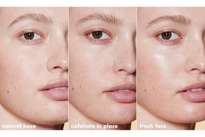 Before and after skincare transformation showing a natural base, exfoliation, and fresh face.