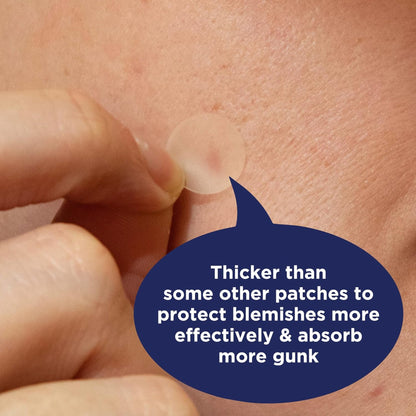 Patch being applied to skin with text about its effectiveness