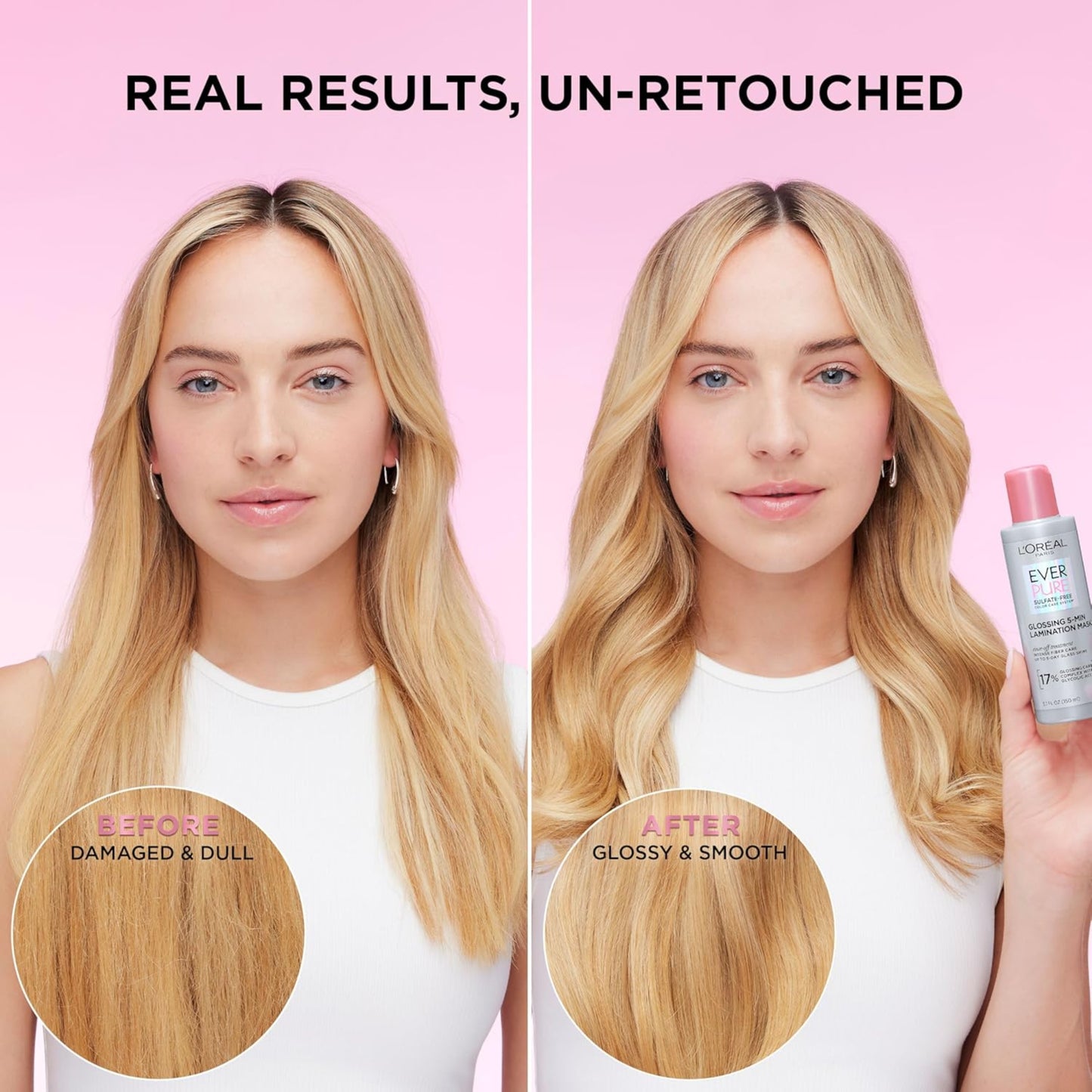 Before and after comparison of hair condition with a product on a pink background