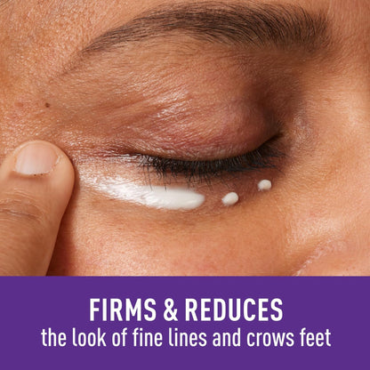 Close-up of eye area with cream application and text about firming and reducing fine lines.