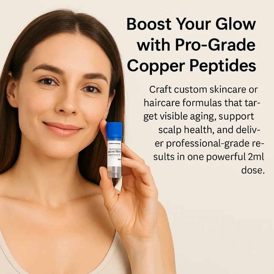 Woman holding a skincare product with text about pro-grade copper peptides.