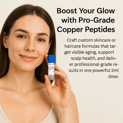 Woman holding a skincare product with text about pro-grade copper peptides.