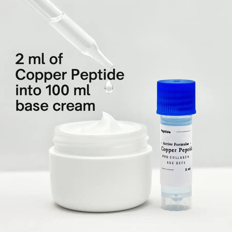 Copper peptide application into base cream with a dropper and container on a white background
