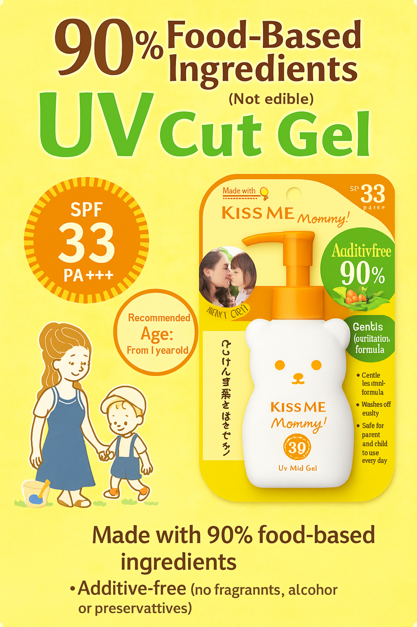 Kiss Me Mommy UV Cut Gel packaging with SPF 33 on a yellow background