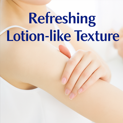 Close-up of a hand touching smooth skin with text 'Refreshing Lotion-like Texture'.