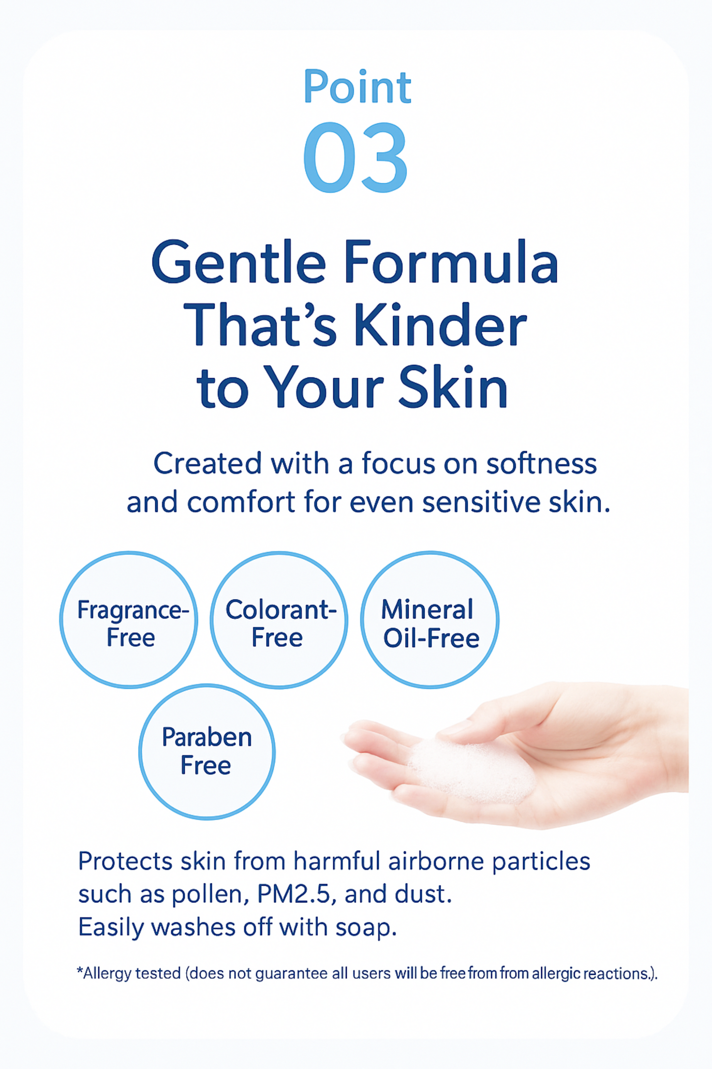 Product advertisement highlighting a gentle formula for skin with text and a hand holding a product.