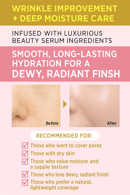 Cosmetic product advertisement for wrinkle improvement and deep moisture care with before and after effects on skin.