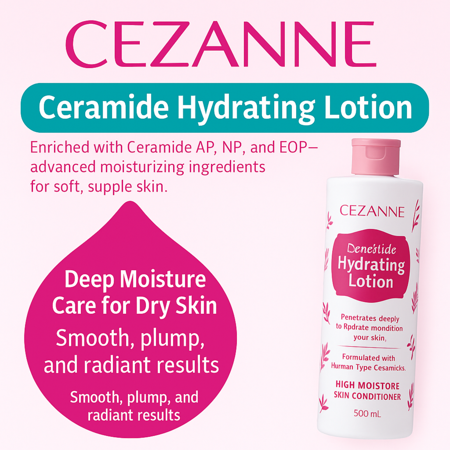CEZANNE Ceramide Hydrating Lotion bottle with product details on a light pink background