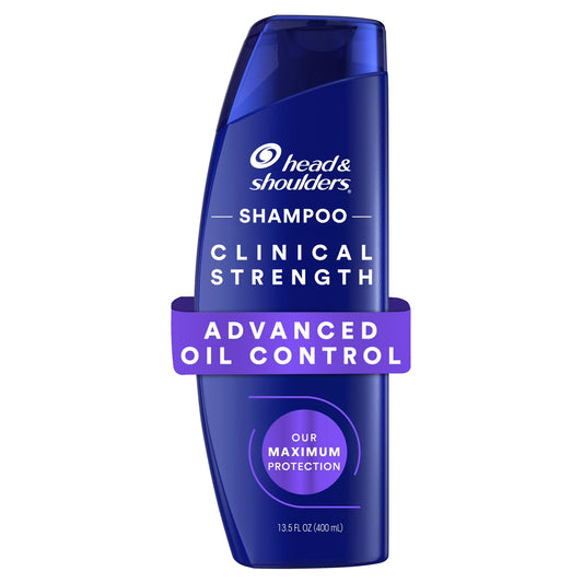 Head & Shoulders shampoo bottle with clinical strength and advanced oil control text on a white background
