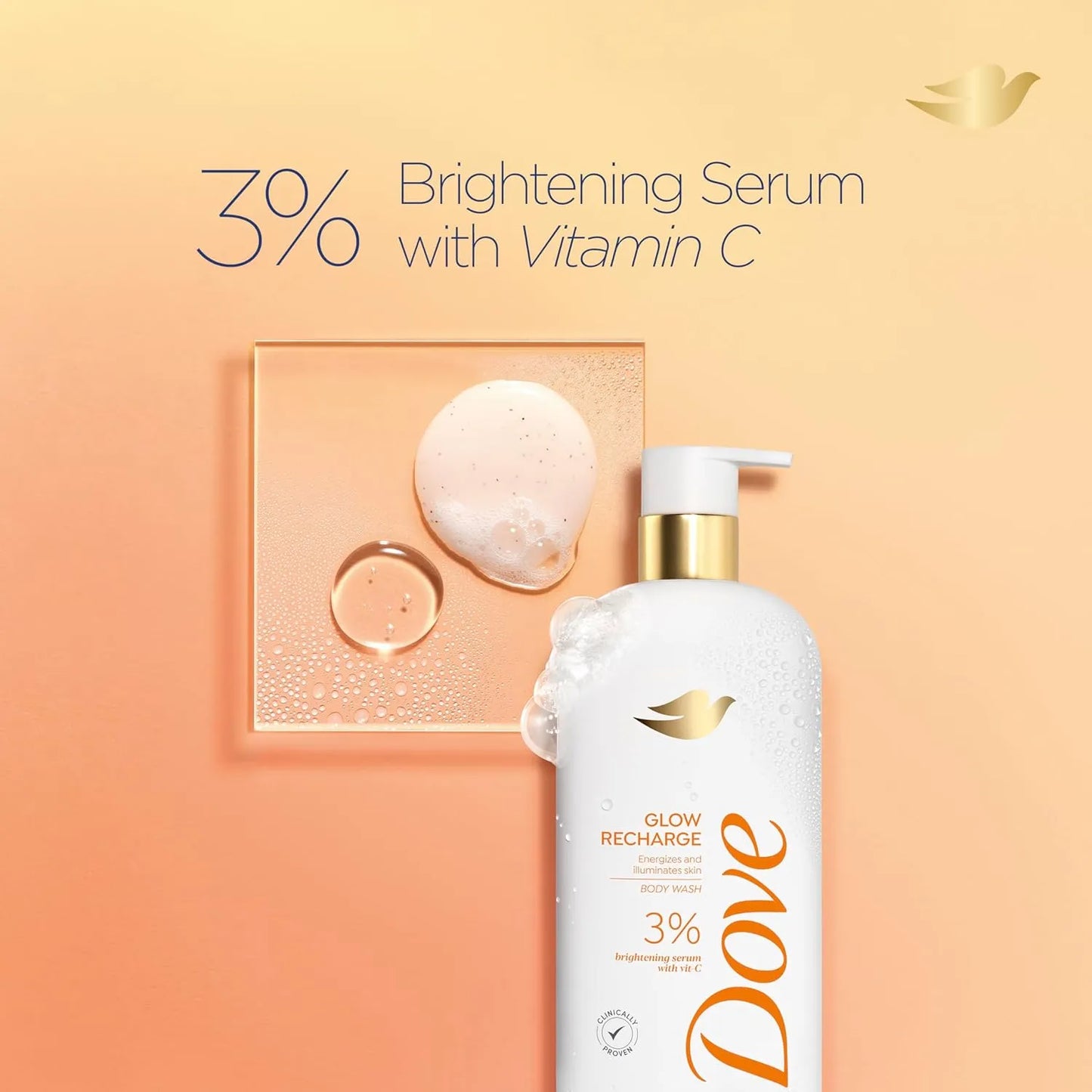 Dove skincare product with text on a peach background