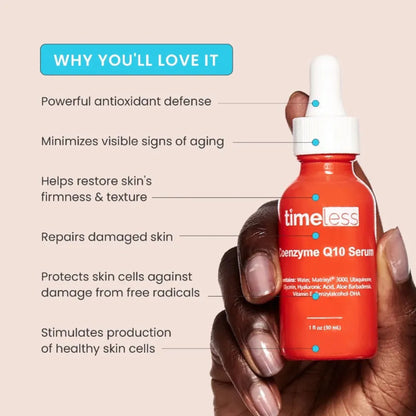Timeless Enzyme Q10 Serum bottle held in a hand with product benefits listed.