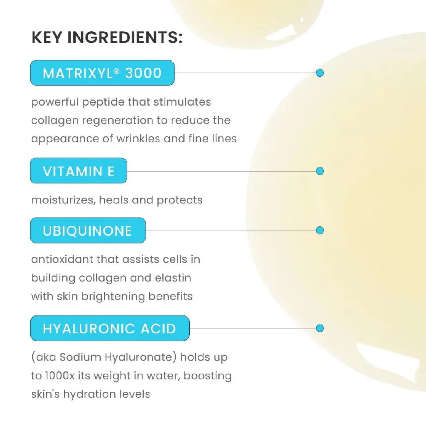 List of key ingredients in a skincare product with an image of a droplet.