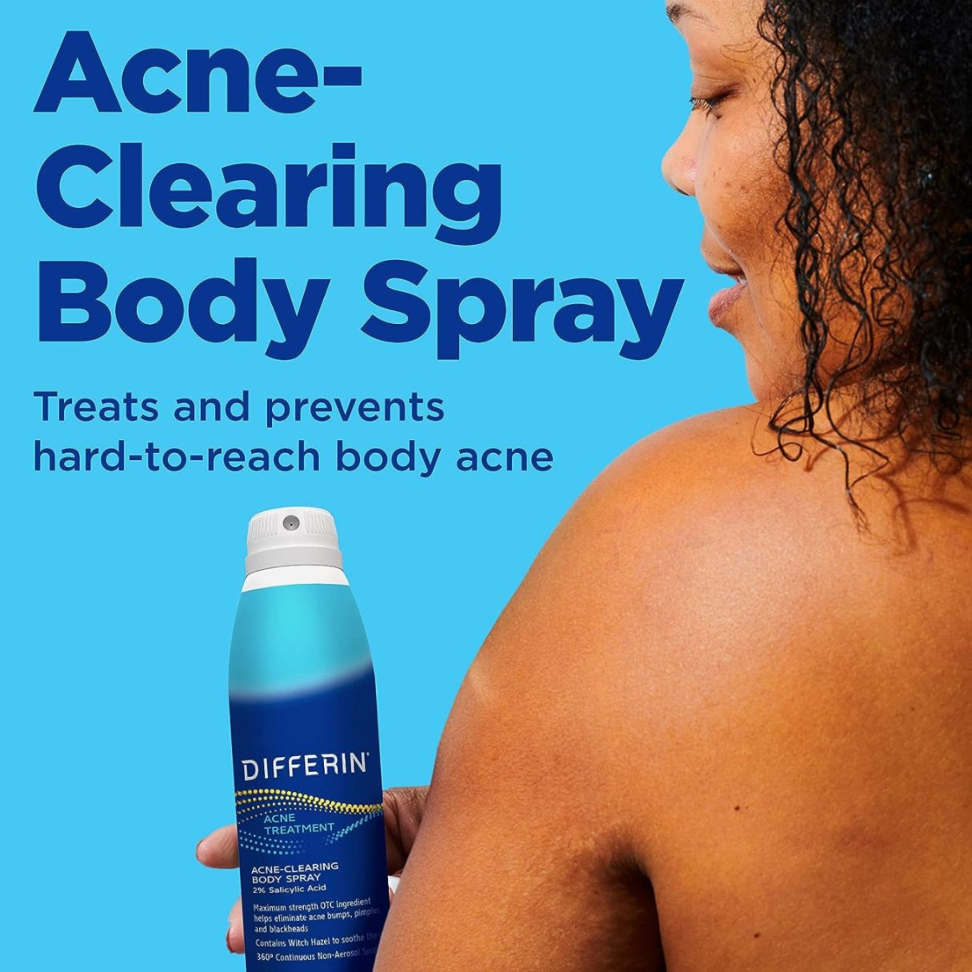 An advertisement image of Differin Acne-Clearing Body Spray, with a woman holding a spray bottle over her shoulder, highlighting the product's ability to treat and prevent hard-to-reach body acne.