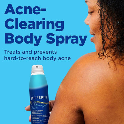 An advertisement image of Differin Acne-Clearing Body Spray, with a woman holding a spray bottle over her shoulder, highlighting the product's ability to treat and prevent hard-to-reach body acne.