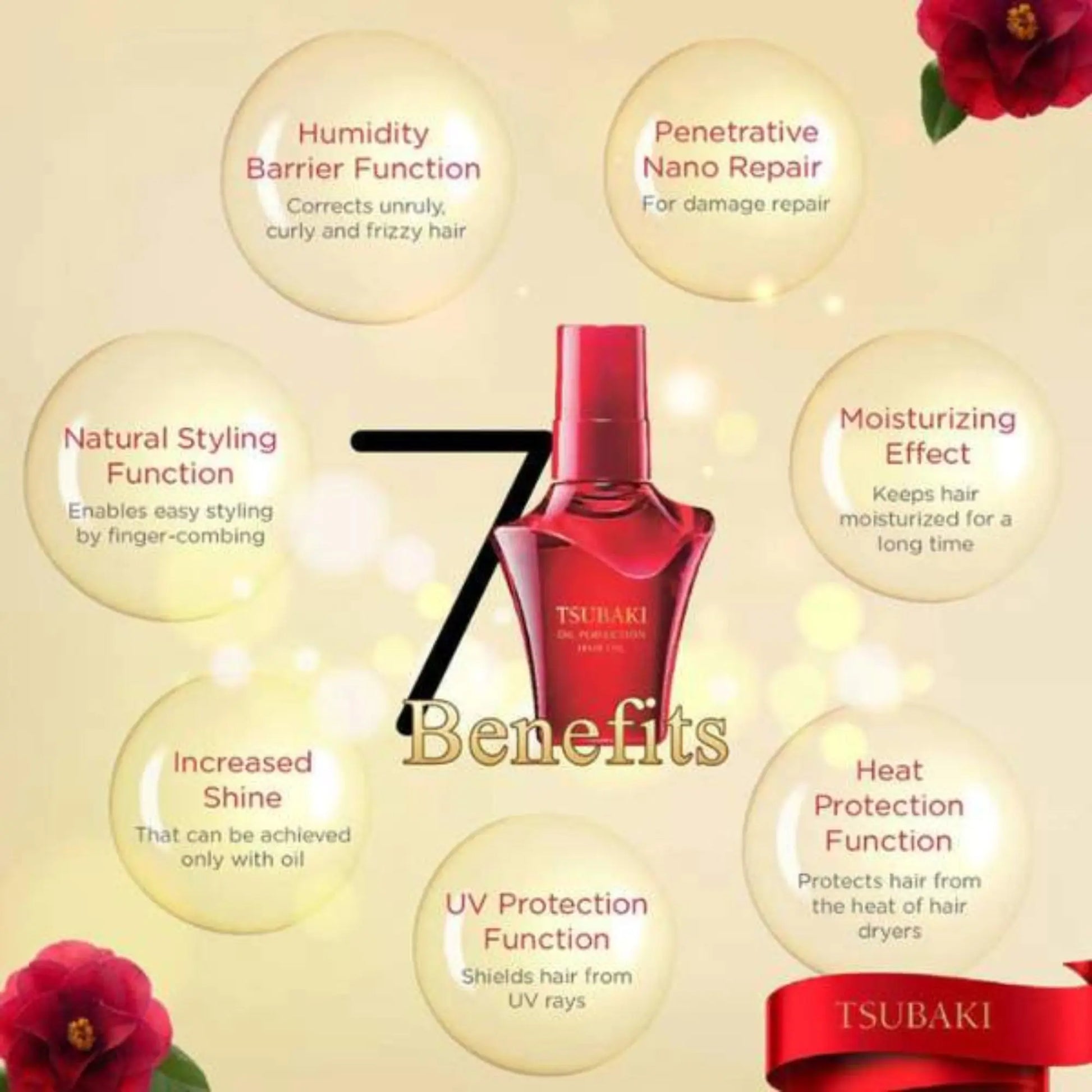 Tsubaki hair care product with 7 benefits on a beige background