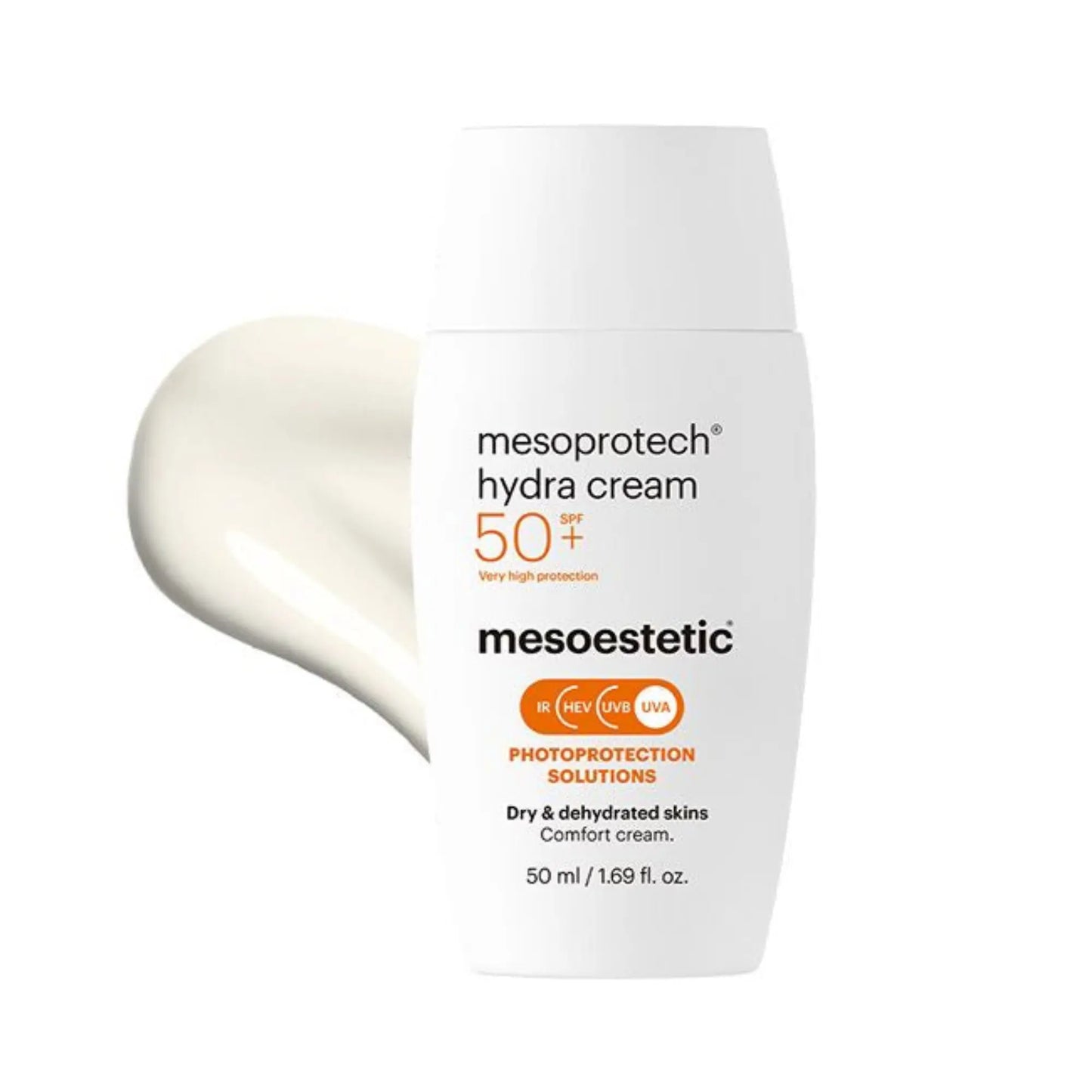 A tube of MESOESTETIC Hydra cream with SPF50+ protection, indicated for dry and dehydrated skin, 50ml in size.
