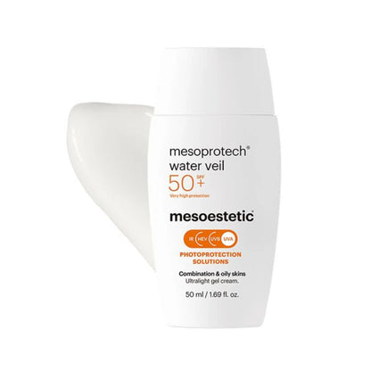 A bottle of MESOESTETIC MEsoprotech Water Veil Ultra Light Gel Sunscreen with SPF 50+, hyaluronic acid, for oily skin, 50ml.