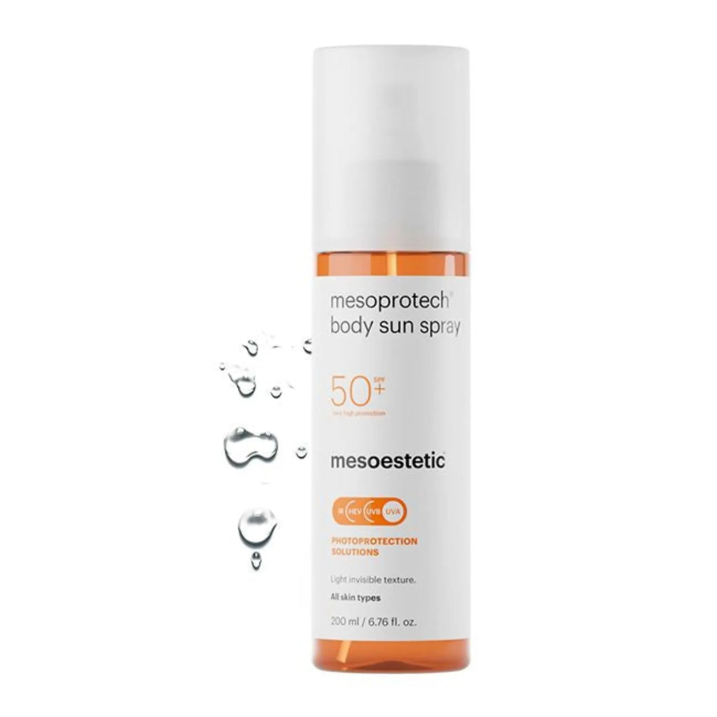 A bottle of MESOESTETIC MESOPROTECH Body Sun Spray with SPF50 protection, shown with a splash of water to indicate its water-resistant feature.