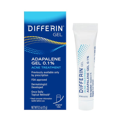 Differin Adapalene Gel 0.1% packaging and tube on a white background