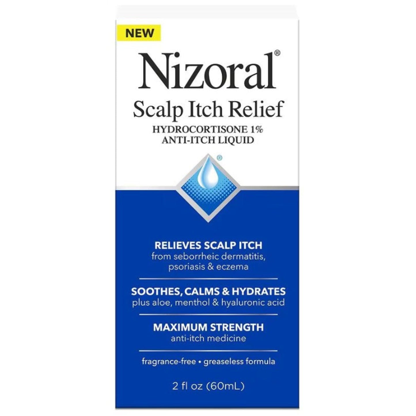 Packaging of Nizoral Scalp Itch Relief Liquid, indicating that it relieves scalp itch from seborrheic dermatitis, psoriasis, eczema, and soothes, calms, hydrates, plus strengthens and tightsens. The package is 2 fl oz (59 ml).