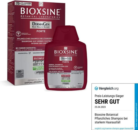 BIOXCIN FORTE Herbal Shampoo packaging and bottle, indicating it is a product for intensive hair loss, with dermatological tests and a seal of approval by Verband Deutscher Apotheker (VdA) Germany.
