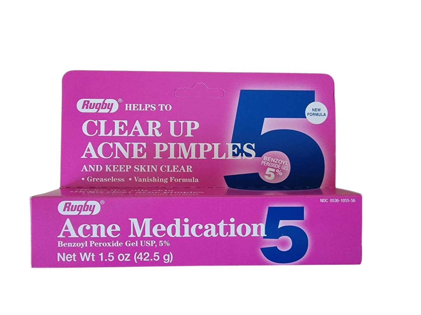 Packaging for Rugby Acne Treatment BENZOYL Peroxide Gel 5%, with the product's benefits listed and a net weight of 15 g.