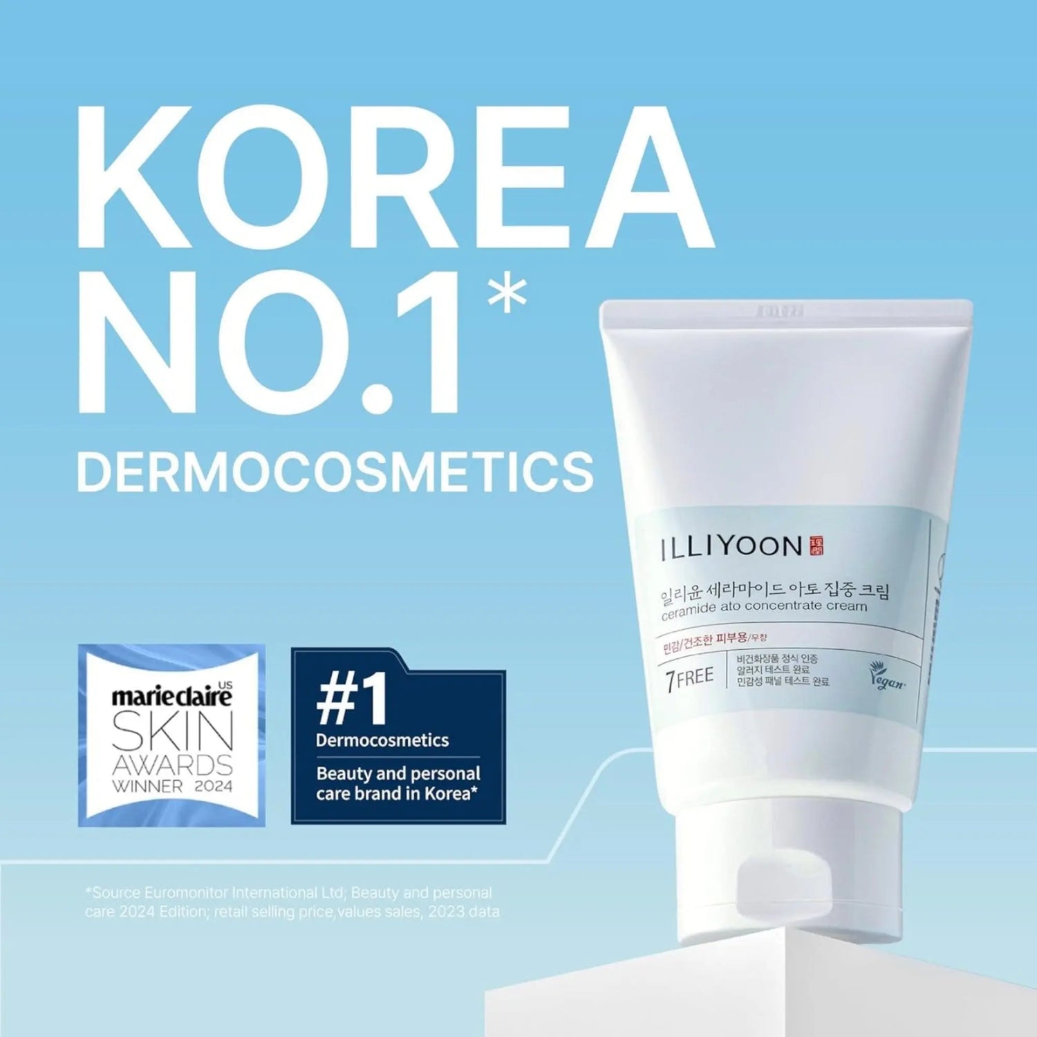 ILLIYOON skincare product with 'Korea No.1 Dermocosmetics' text and awards on a blue background