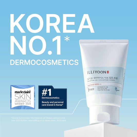 ILLIYOON skincare product with 'Korea No.1 Dermocosmetics' text and awards on a blue background